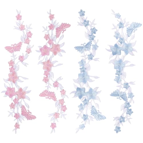 FREEBLOSS Aufnäher zum Aufbügeln, dekorativ, bestickt, Schmetterlings- und Blumen-Stil, zum Aufnähen, Applikation für Kleidung, bestickte Applikationen zum Nähen von Jeans, Mützen, 4 Stück von FREEBLOSS