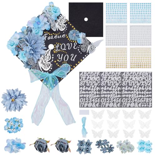 FREEBLOSS Dekorationsset Für Abschlusshüte Hutdekorationen Für Die Abschlussfeier DIY Blaue Abschlusshüte Alphabet Buchstaben/Zahlenaufkleber Für Abschlusshüte 3D Schmetterlings Kunstblumenköpfe von FREEBLOSS