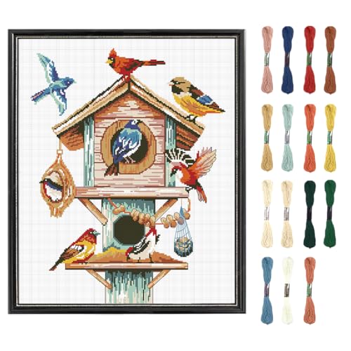 FREEBLOSS Flamingo-Kreuzstich-Set, geprägtes Kreuzstich-Set für Erwachsene, mit Anleitung (evtl. nicht in deutscher Sprache), Vogelhaus und Vögel, reine Baumwolle, Sticksets für Anfänger, kein Rahmen von FREEBLOSS
