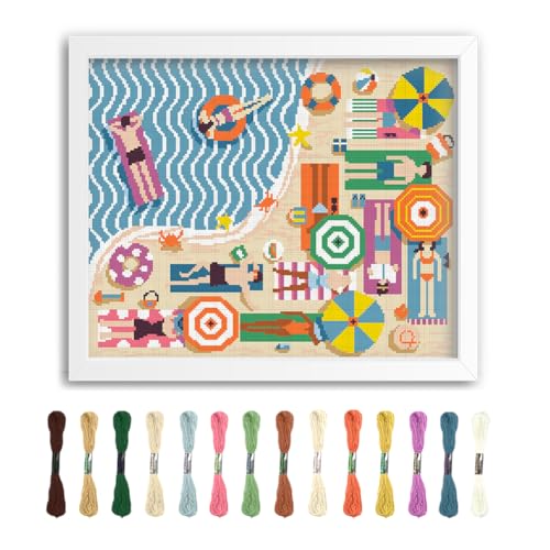 FREEBLOSS Flamingo Kreuzstich Set Gestempeltes Kreuzstich Wandbehang Set Für Erwachsene Mit Anleitung „On The Beach“ Sticksets Aus Reinem Baumwollstoff Für Anfänger Ohne Rahmen 16 x 20 von FREEBLOSS