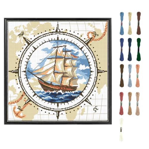 FREEBLOSS Gestempeltes Kreuzstich-Set, DIY-Stickerei, Kreuzstich-Set für Erwachsene, Anfänger, Reise auf See, Wandbehang, Geschenk für Heimdekoration, 45 x 45 cm, 11 CT von FREEBLOSS