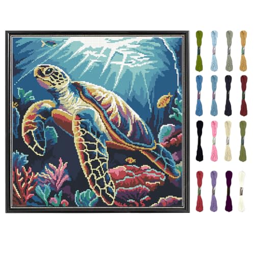 FREEBLOSS Gestempeltes Kreuzstich Set Bedrucktes Stickmuster Mit Schildkrötenmotiv Stickset Für Anfänger Mit Anleitung Nadelspitze Kunsthandwerk Stickstich Übungsset Für Erwachsene 18x18'' von FREEBLOSS