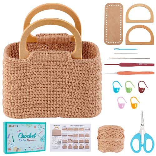 FREEBLOSS Häkeltaschen Set Für Anfänger Handtaschen Bastelset Häkel Starterset Mit Anleitung Unterseite Aus PU Leder D Förmiger Holzgriff Handgefertigte DIY Tasche Mit Beigem Flauschigem Garn von FREEBLOSS