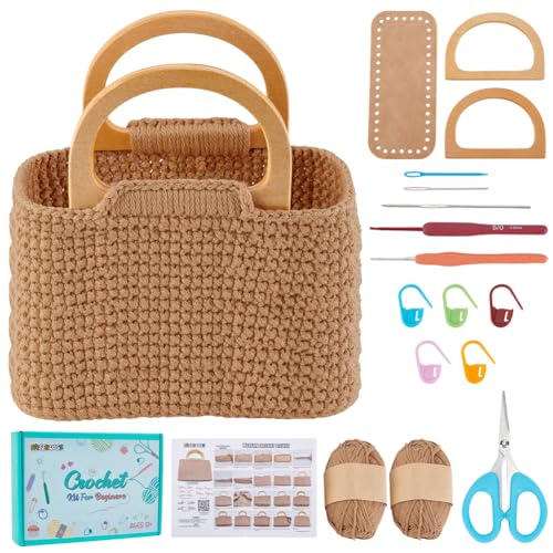 FREEBLOSS Häkeltaschen Set Für Anfänger Handtaschen Bastelset Häkel Starterset Mit Anleitung Unterseite Aus PU Leder D Förmiger Holzgriff Handgefertigte DIY Tasche Mit Flauschigem Garn von FREEBLOSS