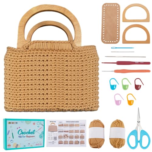FREEBLOSS Häkeltaschen Set Für Anfänger Handtaschen Bastelset Häkel Starterset Mit Anleitung Unterseite Aus PU Leder D Förmiger Holzgriff Handgefertigte DIY Tasche Mit Weichem Garn von FREEBLOSS