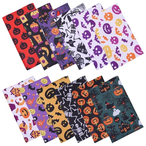 FREEBLOSS Halloween-Stoffbündel, 39 x 50 cm, Motiv: Kürbismonster, bedruckter Quiltstoff für DIY-Halloween-Dekoration, Lila, Schwarz, Orange, Grün, 12 Stück von FREEBLOSS