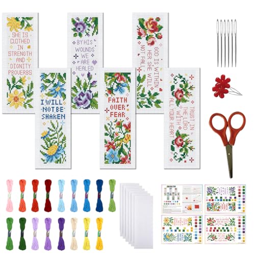 FREEBLOSS Kreuzstich-Lesezeichen-Set, Rosenmuster, geprägt, Stickset, Lesezeichen, DIY-Lesezeichen, gedruckte Kreuzstich-Sets mit Anleitung für Anfänger und Erwachsene, 20,3 x 6,1 cm, 6 Stück von FREEBLOSS