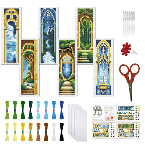 FREEBLOSS Kreuzstich-Lesezeichen-Set für Anfänger, Schloss, Nachtansicht, geprägtes Kreuzstich-Set, DIY-Stickerei, Lesezeichen-Set mit Anleitung (evtl. nicht in deutscher Sprache), 20,3 x 6,1 cm, 6 von FREEBLOSS