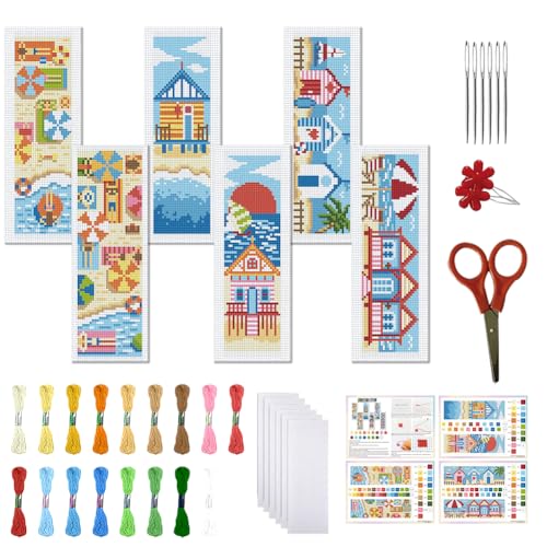 FREEBLOSS Kreuzstich-Lesezeichen-Set für Anfänger, Sommer, Strand, Landschaft, gestempelt, Kreuzstich-Set, DIY-Stickerei, Lesezeichen-Set mit Anleitung (evtl. nicht in deutscher Sprache), 20,3 x 6,1 von FREEBLOSS