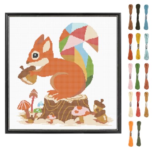 FREEBLOSS Kreuzstich Set Mit Eichhörnchen, Kreuzstich Set Mit Pilzmotiv, Zum Aufhängen An Der Wand, Gestempeltes Kreuzstich Set Für Anfänger, Gezähltes Kreuzstich Set, Stick Set, Kunsthandwerk Set von FREEBLOSS