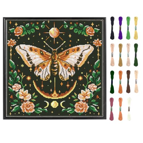 FREEBLOSS Kreuzstich Sets Für Anfänger Gestempeltes Lebendiges Mottenmuster Cross Stitch Kit Zum Aufhängen An Der Wand Mit Anleitung Stickset Nadelspitzen Sets Für Erwachsene von FREEBLOSS