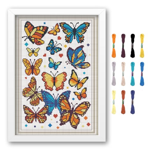 FREEBLOSS Kreuzstich Wandkunst Set Für Anfänger Schmetterlings Cross Stitch Kreuzstich Wandbehang Set DIY Stickerei Nadelspitze Set Gestempelte Kreuzstichmuster Stickset Für Erwachsene 35x50cm von FREEBLOSS