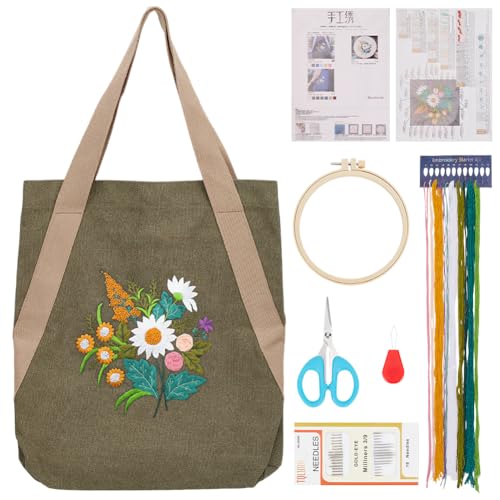 FREEBLOSS Stickset Für Canvas Tragetasche Für Anfänger Olivgrünes Stickset Für Tragetasche Blumen Canvas Tragetasche Handstickset Für Canvas Tasche Mit Rahmen Und Mustern Anleitung Enthalten von FREEBLOSS