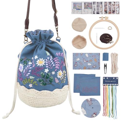 FREEBLOSS Stickset Im Blumenstil Für Erwachsene Mit Anleitung - Handgefertigte Eimertasche Aus Baumwolle Für Anfänger - Blau Für Damen von FREEBLOSS