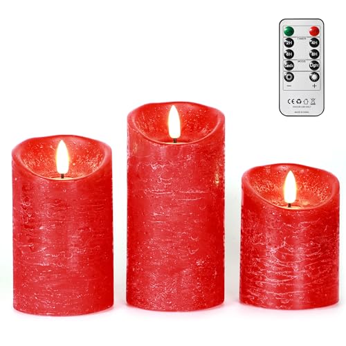 FREEPOWER 3er Set Echtwachs LED Kerzen Rot mit Fernbedienung und Timer – Flammenlose Batteriekerzen mit Flackerndem Warmweißlicht, Ø7,5 x 10/12,5/15cm von FREEPOWER