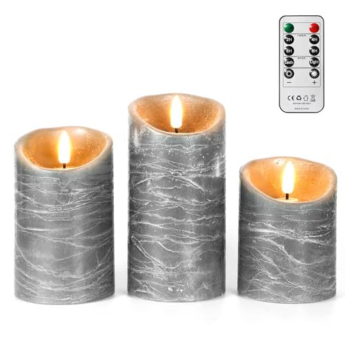 FREEPOWER Echtwachs LED Kerzen Grau mit Fernbedienung und Timer – 3er Set Flammenlose Batteriekerzen mit Flackerndem Warmweißlicht, Ø7,5 x 10/12,5/15cm von FREEPOWER