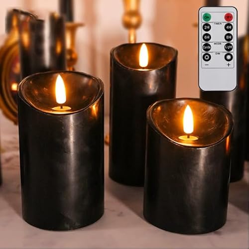 FREEPOWER LED Kerzen aus Echtwachs 3er Set mit Fernbedienung und Timer – Flammenlose Batteriekerzen mit Flackerndem Warmweißlicht, Schwarz (Ø7,5x10/12,5/15cm)​ von FREEPOWER