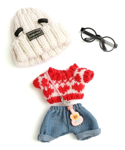 Niedliches Kleidungsset für 17 cm große Puppe, schickes Puppen-Outfit mit Pullover, Bärenohr-Hut, Brille, Gitarre und Jeans, Kawaii-Puppenkleidungszubehör für Sammler & Fans Niedliches Kleidungsset für 17 cm große Puppe, schickes Puppen-Outfit mit Pullover, Bärenohr-Hut, Brille, Gitarre und Jeans, Kawaii-Puppenkleidungszubehör für Sammler & Fans von FREEYE
