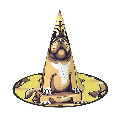 FRESQA Lustiger Cartoon-Mops-Welpen-Hund, stilvoller Hexenhut, Kostüm für Halloween, Halloween, Partyhut von FRESQA