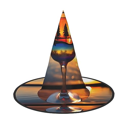 FRESQA Weinglas mit Sonnenuntergangs-Motiv, stilvolles Hexenhut, Kostüm für Halloween, Halloween, Partyhut von FRESQA