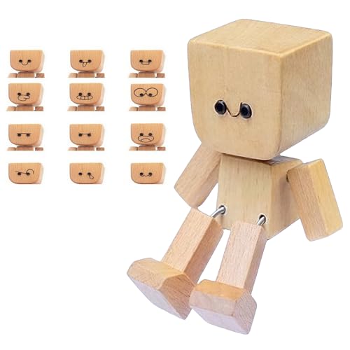 FRGITYGIFT Wackelnder Holzmann mit 12 Ausdrücken, Charmante Kleine Holzfigur, Handgefertigte Wackelnde Holzfiguren, Auto Armaturenbrett Dekoration, Modernes kreatives Desktop Ornament von FRGITYGIFT