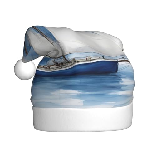 FRGMNT Blaues Segelboot 1 Druck Weihnachtsmütze, Weihnachtsmütze, Unisex, Samt, Weihnachtsmütze, Weihnachtsmannmütze, Erwachsene für Damen Herren Urlaub Party von FRGMNT