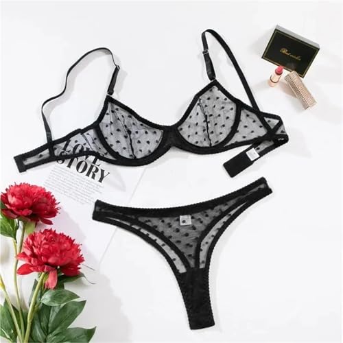 FRINZA Bikinis Taillenslips Dessous-Set mit Bügeln aus Netzstoff, durchsichtige Spitze, Zweiteilige Unterwäsche for Damen, einfarbiger Punktdruck, sexy BH-Set(Grijs,S) von FRINZA