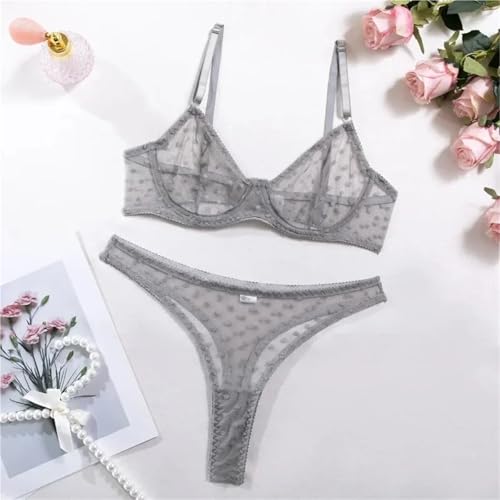 FRINZA Bikinis Taillenslips Dessous-Set mit Bügeln aus Netzstoff, durchsichtige Spitze, Zweiteilige Unterwäsche for Damen, einfarbiger Punktdruck, sexy BH-Set(Marron,S) von FRINZA