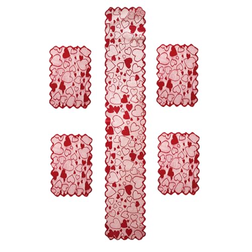 FRINZA Spitzen-esstischdecke Romantische Liebe Valentinstag Rechteckige Esstisch Tuch Spitze Tischläufer Tischset Set Rot Europäischer und amerikanischer Stil Party Dekoration(Five-Piece Set) von FRINZA