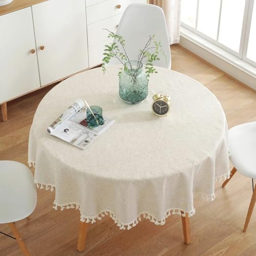 FRINZA Spitzen-esstischdecke Runde Esstisch Tuch aus Baumwollleinen mit Quaste, Esstisch Tuch for Küche, Esstisch, Dekoration, einfarbig, Schmutzabweisend, schrumpffest(Round 120CM) von FRINZA