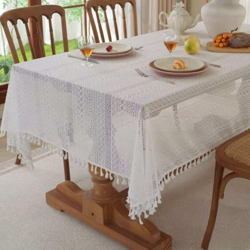 FRINZA Spitzen-esstischdecke Spitzentischdecke Gartenfransen Staubdichte Wohnzimmerabdeckung Retro Rechteckige Esstisch Tuch Hohlhäkelarbeit Tischtuchkunst(Blanc,100x150cm) von FRINZA
