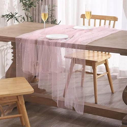 FRINZA Spitzen-esstischdecke Tischläufer Stoff Hochzeitsdekoration Esstisch Dekoration Braut Party Perlengarn Tüll Esstisch Tuch Party Rechteckige Tischabdeckung(Roze,75x200cm) von FRINZA