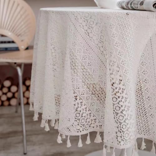 Spitzen-Tischdecke Rund Spitzendecken mit Fransen, abwaschbar gehäkelte Baumwolle Tischbezug Vintage für Küche, Abendessen, Hochzeiten, Bankette(White lace,Round 110cm) von FRINZA