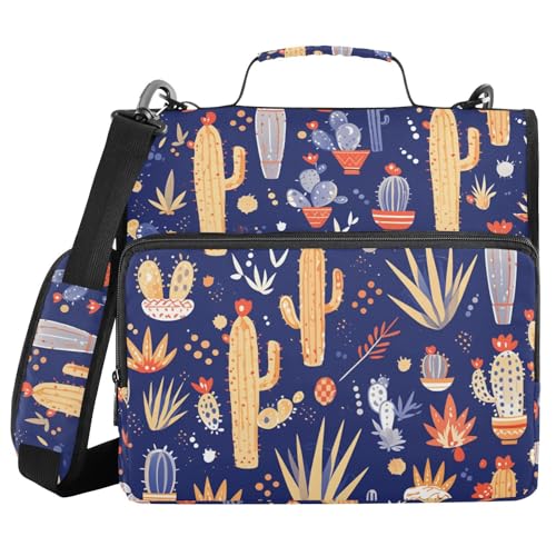 Aktenordner mit 3 Ringen, 3,8 cm, mit Griff und abnehmbarem Schultergurt, mehrere Taschen, Portfolio-Organizer für die Mittelschule, Kakteen Blau von FRODOTGV