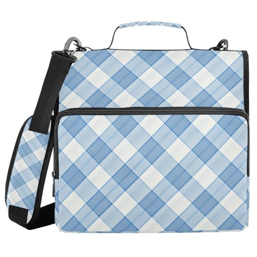 Aktenordner mit 3 Ringen, Reißverschluss, Griff und abnehmbarem Schultergurt, leicht zu tragen, tragbar, geeignet für Mittelschule, Hellstahlblau kariert, 3,8 cm von FRODOTGV