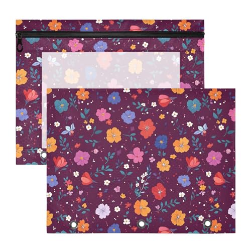 Bunter Blumen Burgunderrot Bindertaschen mit glatten Reißverschlüssen, Kunststoff-Aktenordner für 3 Ringe, 2 Stück, für Studenten, Klassenbedarf von FRODOTGV
