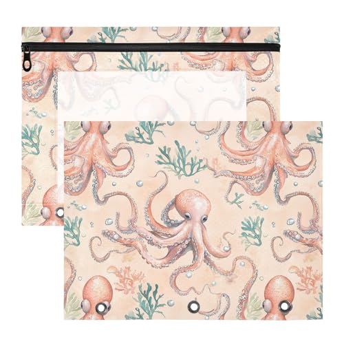 FRODOTGV Funny Octopuses Pfirsich-Bleistiftmappe mit Reißverschluss, Kunststoff-Aktenordner für A4-Papier, Briefe, 2 Stück, für Studenten, Klassenbedarf von FRODOTGV