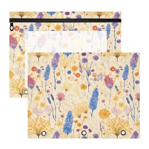 FRODOTGV Hellgelbe Wildblumen-Ordnertaschen mit Reißverschluss, Kunststoff-Aktenordner für A4-Papier, Briefe, 2 Stück, Lehrer, Kunstbedarf, Aufbewahrung von FRODOTGV