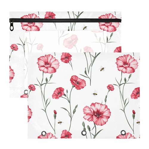 Federmäppchen im Retro-Stil mit roten Blumen, transparentes Fenster, Kunststoff-Aktenordner für 3 Ringe, 2 Stück, Schüler, Schulbedarf von FRODOTGV