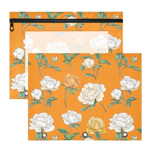 Federmäppchen mit Pfingstrosen, rustikal, orange/weiß, mit 3 verstärkten Ösen, Kunststoff-Aktenordner für A4-Papier, Briefe, 2 Stück, für Studenten, Klassenzimmer von FRODOTGV