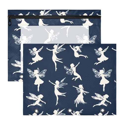 Federmäppchen mit niedlichen Feen, marineblau, mit glatten Reißverschlüssen, Kunststoff-Aktenordner für A4-Papier, Briefe, 2 Stück, Lehrer, Bürobedarf von FRODOTGV