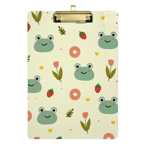Gelbe niedliche Frosch-Erdbeer-Donut-Blumen, Acryl-Klemmbretter mit Metallclip, transparentes Lehrer-Klemmbrett für Studenten, Kinder, Hausaufgaben, Büro, Klassenzimmer, A4-Standardgröße 22,9 x 31,8 von FRODOTGV
