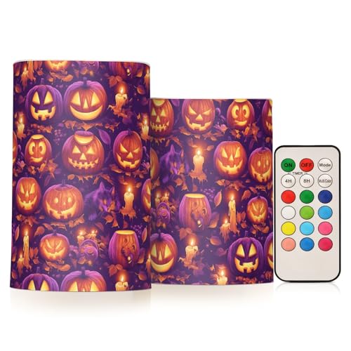 Happy Halloween Kürbisse Set mit 2 flammenlosen LED-Stumpenkerzen für Urlaub, Hochzeit, Abendessen, Heimdekoration, batteriebetrieben mit Fernbedienung Happy Halloween Kürbisse Set mit 2 flammenlosen LED-Stumpenkerzen für Urlaub, Hochzeit, Abendessen, Heimdekoration, batteriebetrieben mit Fernbedienung von FRODOTGV