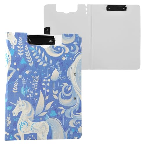 Klemmbrett Ordner Kunst Weiße Pferde Blau A4 Klemmbrett mit Padfolio Zwei Metallclips Stifthalter Still-Clipboard mit Abdeckung von FRODOTGV