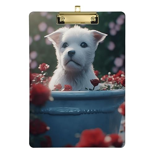 Niedlicher glücklicher Hund in Mülleimer mit Rosen Benutzerdefinierte Klemmbretter Acryl Niedlich Bild Klemmbrett Kinder von FRODOTGV