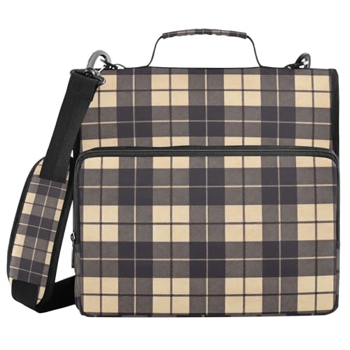 Schwarz-Beige Büffelkaro 3,8 cm 3-Ringe Reißverschluss Ordner mit Schultergurt, wasserdicht, Dokumentenmappe für Schule/Büro von FRODOTGV