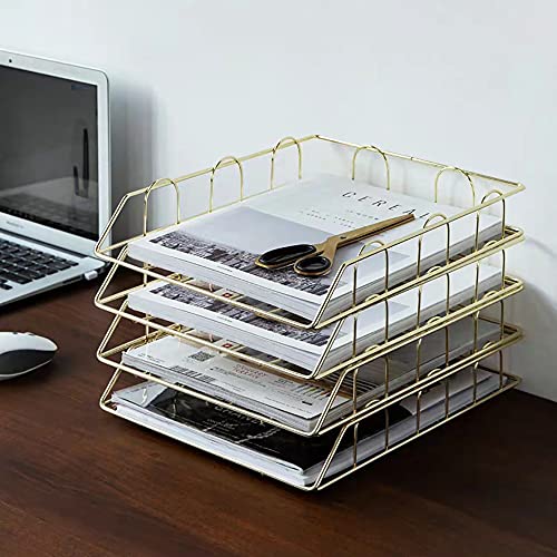 Ablagefach Schreibtisch Organizer & Büro Ablagefächer Stapelbar aus Metall - Briefablage A4, Dokumentenablage A4 Papierablage, Mesh Design - Für A4 Papier, Briefe, Dokumente (Gold) von FROPIJ
