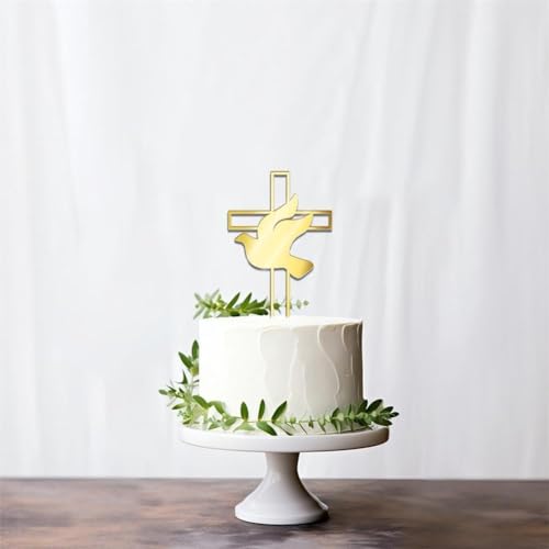 3 Stück Spiegel-Acryl-Kuchenaufsatz, goldfarbenes Tauben-Kreuz-Kuchenaufsätze für Taufe, Erstkommunion, religiöse Kuchendekoration von FROVOL