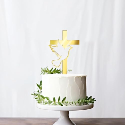3 Stück Spiegel-Acryl-Kuchenaufsatz mit goldenem Tauben-Kreuz-Kuchenaufsatz für die Taufe, Erste religiöse Kuchen, Kommunion, Kuchendekorationen, T von FROVOL