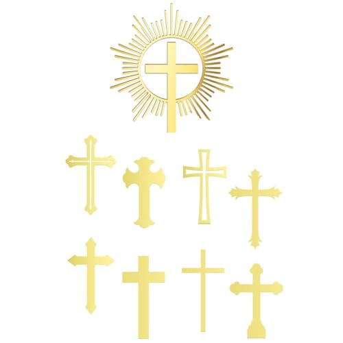 9 x christliche Kreuz-Kuchenaufsätze, Spiegel-Acryl, Kuchendekoration, goldfarbene Kreuzung, Show-Dekoration für Babytaufe von FROVOL